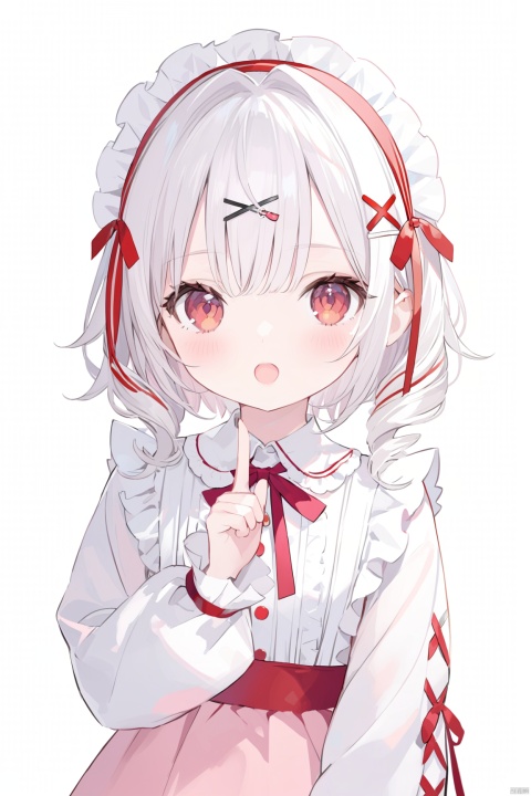 1girl, solo, looking at viewer, blush, short hair, open mouth, bangs, hair ornament, red eyes, long sleeves, ribbon, upper body, white hair, hairband, frills, virtual youtuber, drill hair, hair intakes, x hair ornament, index finger raised,loli,