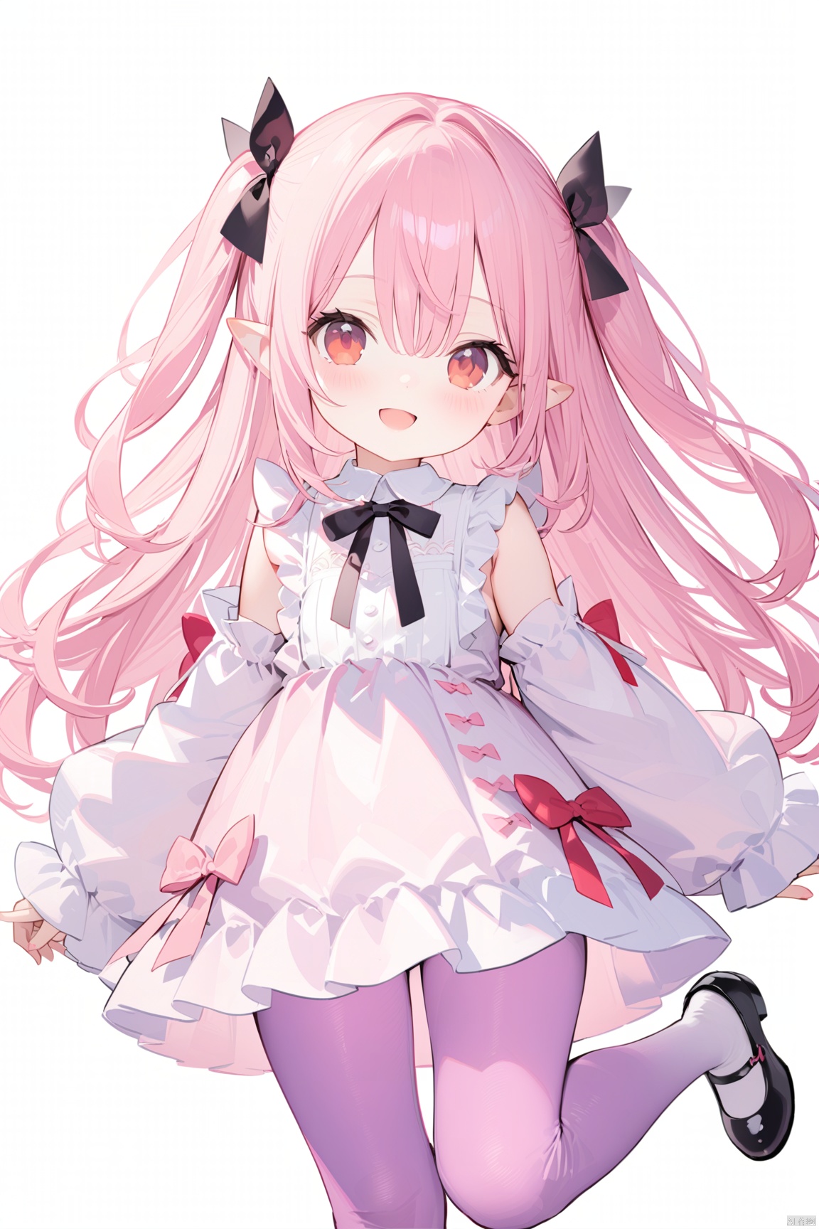 1girl, solo, long hair, looking at viewer, blush, smile, open mouth, bangs, red eyes, long sleeves, dress, bow, ribbon, hair between eyes, very long hair, hair ribbon, pink hair, :d, pantyhose, frills, detached sleeves, shoes, sleeveless, pointy ears, puffy sleeves, virtual youtuber, wide sleeves, black footwear, white dress, two side up, sleeves past wrists, black ribbon, sleeveless dress, puffy long sleeves, white sleeves, purple pantyhose,loli