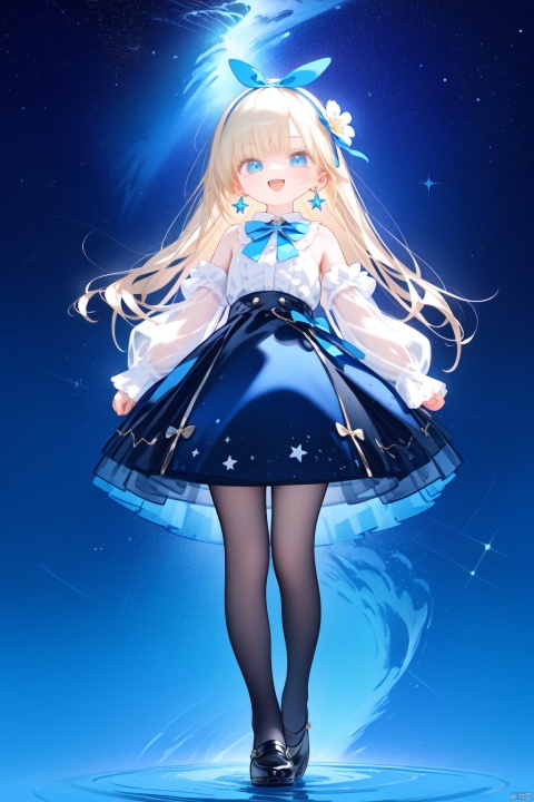 1girl, solo, long hair, looking at viewer, smile, open mouth, bangs, blue eyes, skirt, blonde hair, shirt, long sleeves, dress, bow, bare shoulders, jewelry, standing, full body, white shirt, flower, :d, pantyhose, hairband, earrings, frills, detached sleeves, shoes, puffy sleeves, bowtie, star \(symbol\), black footwear, blue skirt, see-through, black pantyhose, blue bow, white flower, puffy long sleeves, high-waist skirt, blue bowtie, blue hairband, see-through sleeves
