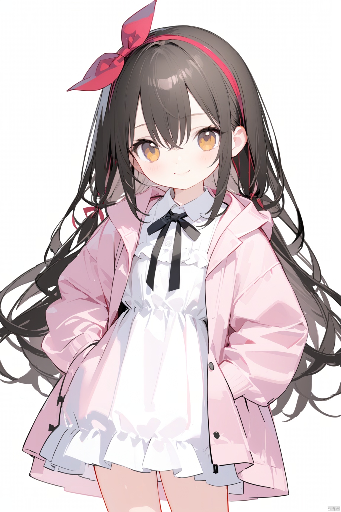 1girl, solo, long hair, looking at viewer, blush, smile, bangs, black hair, long sleeves, white background, dress, ribbon, hair between eyes, brown eyes, closed mouth, standing, jacket, hairband, open clothes, star \(symbol\), white dress, open jacket, black ribbon, neck ribbon, hands on hips, red hairband,loli