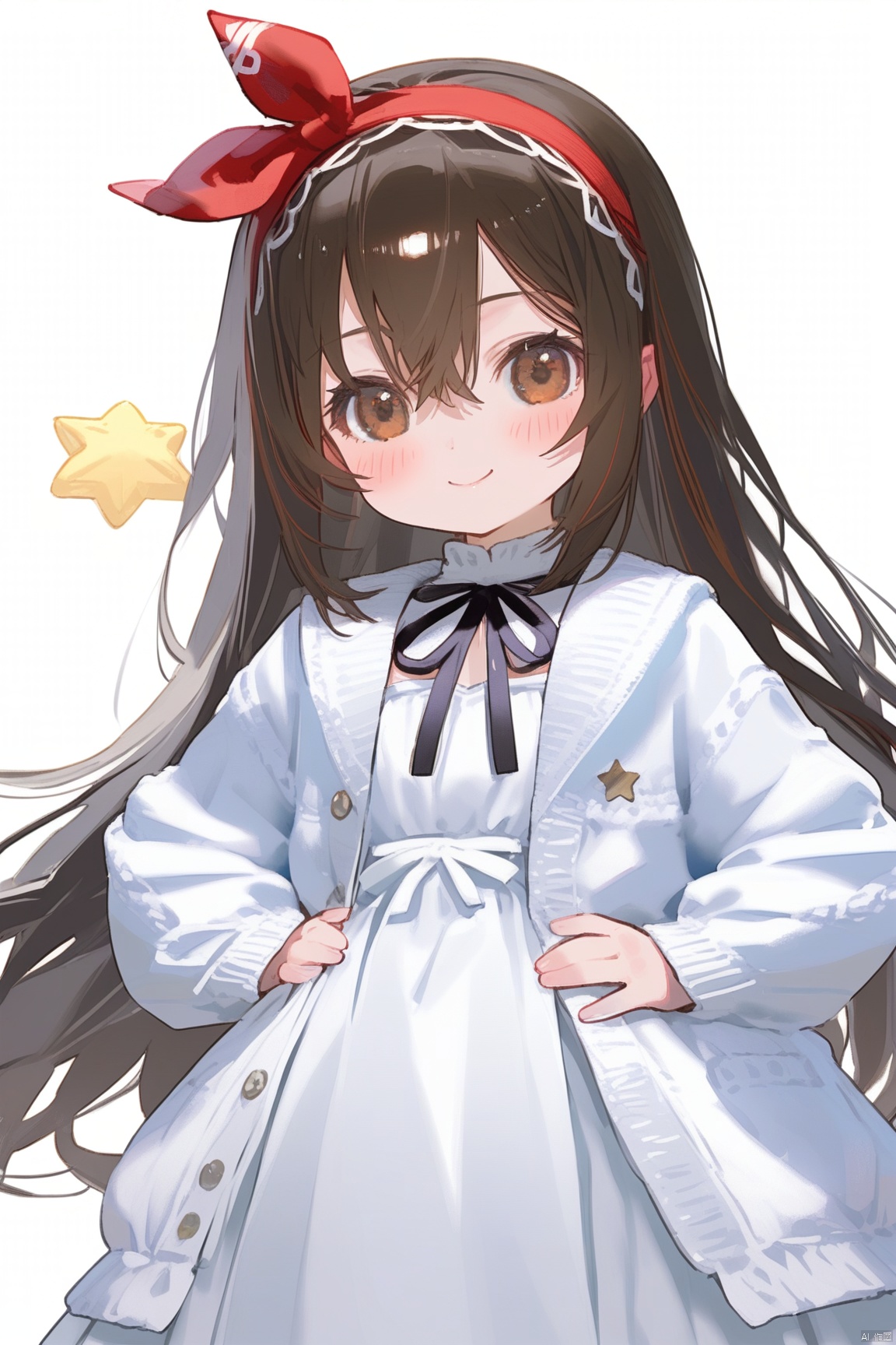 1girl, solo, long hair, looking at viewer, blush, smile, bangs, black hair, long sleeves, white background, dress, ribbon, hair between eyes, brown eyes, closed mouth, standing, jacket, hairband, open clothes, star \(symbol\), white dress, open jacket, black ribbon, neck ribbon, hands on hips, red hairband,loli