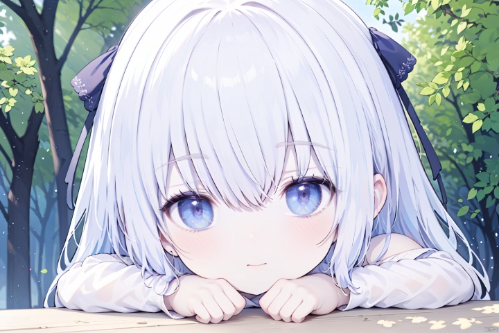  1girl,loli,solo,focus on face,very long white hair,gray eyes,white off-shoulder lace dress,white Pantyhose,purple ribbon,lying in under tree, ahoge,conservatory, see-through loose dress,frilled neck ring,body blush,fine fabric emphasis,blush,thick eyelashes,swept bangs,hair flaps,eyes visible through hair,hair ornament,Lush flowers,ray tracing,dappled sunlight,chiaroscuro,Brilliant Colorful Paintings,glass tint,frilled wrist ribbon,extreme close up of face, loli, TB