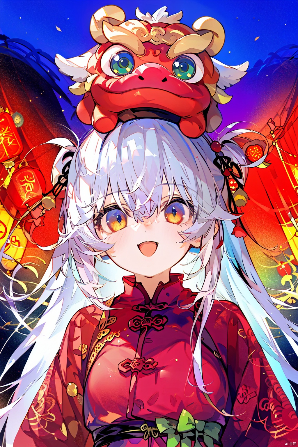  best quality, amazing quality, amazing quality, very aesthetic, absurdres,
1girl, looking at viewer, open mouth, smile, solo, white hair,Dragon horn,bangs, long hair, hair ornament, :d, hair between eyes, chinese clothes, portrait, upper body, on head, tassel, chinese zodiac, new year
