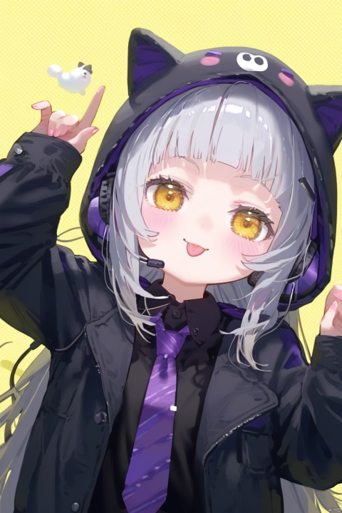 1girl, solo, long hair, looking at viewer, blush, smile, bangs, shirt, long sleeves, jacket, yellow eyes, upper body, grey hair, open clothes, necktie, tongue, collared shirt, hood, tongue out, blunt bangs, sleeves past wrists, black shirt, headphones, :p, hood up, animal hood, purple necktie, murasaki shion,loli, tinkle,dynamic pose,dynamic angle ,