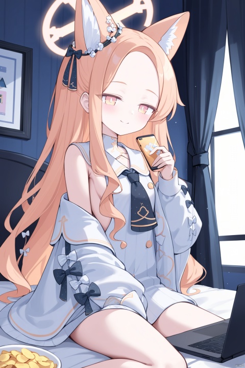  seia (blue archive),1girl,solo,face close-up,alternate costume,animal ear fluff,naked poncho,loose,naked capelet,sideboob,bed,light smile,bare shoulder,hair ribbon,cleavage,halo,laptop,gamepad,phone,chips,food,curtains,microphone,window,bow,Black Theme,night, best quality, amazing quality, very aesthetic, absurdres, seiaBA