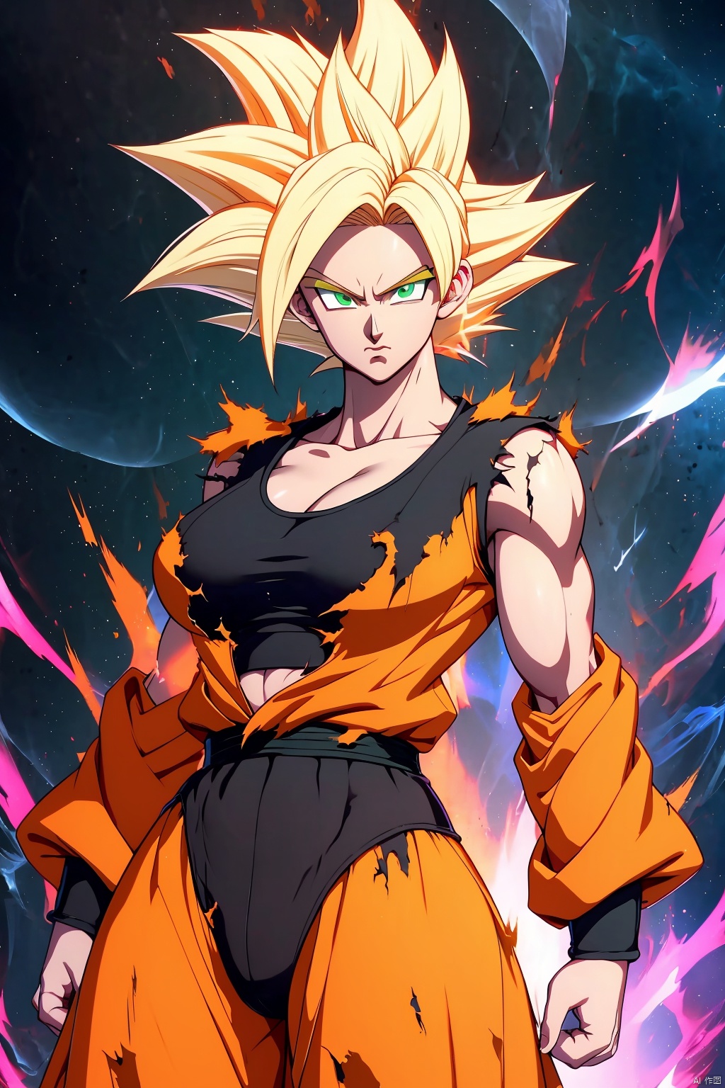  ((best quality)), masterpiece, ((ultra-detailed)), illustration, 8k wallpaper, ((extremely detailed CG unity 8k wallpaper)), (extremely detailed eyes and face), huge filesize, game cg, 

 blonde hair, super saiyan, spiked hair,glowing,torn clothes, abs, pants, aura, serious, clenched hands, glowing eyes,Medium sized breasts,Green eyes,

Black long-sleeved underwear, orange sleeveless jacket,

 looking at viewer, female focus, 1girl, solo,

 Ki Charge,songoku, Anime