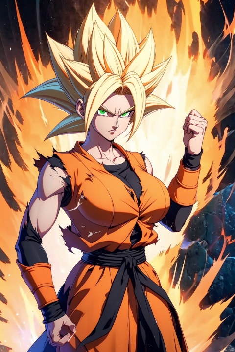 ((best quality)), masterpiece, ((ultra-detailed)), illustration, 8k wallpaper, ((extremely detailed CG unity 8k wallpaper)), (extremely detailed eyes and face), huge filesize, game cg,

blonde hair, super saiyan, spiked hair,glowing,torn clothes,  aura, serious, clenched hands, glowing eyes,Medium sized breasts,The green eyes,

Black long sleeve, orange sleeveless jacket,white belt,

looking at viewer, female focus, 1girl, solo,

Ki Charge,songoku,