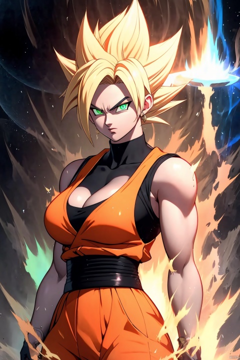 ((best quality)), masterpiece, ((ultra-detailed)), illustration, 8k wallpaper, ((extremely detailed CG unity 8k wallpaper)), (extremely detailed eyes and face), huge filesize, game cg,

blonde hair, super saiyan, spiked hair,glowing, aura, serious, clenched hands, glowing eyes,small sized breasts,The green eyes,cleavage,

Black long-sleeved top, orange sleeveless jacket,black pants,white belt,

looking at viewer, female focus, 1girl, solo,

Ki Charge,songoku,