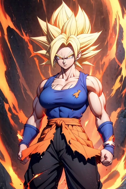 ((best quality)), masterpiece, ((ultra-detailed)), illustration, 8k wallpaper, ((extremely detailed CG unity 8k wallpaper)), (extremely detailed eyes and face), huge filesize, game cg, 

songoku, female focus, 1girl, solo, blonde hair, muscular, super saiyan, spiked hair, looking at viewer, glowing,torn clothes, abs, pants, aura, serious, clenched hands, glowing eyes, Ki Charge