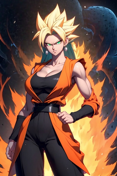  ((best quality)), masterpiece, ((ultra-detailed)), illustration, 8k wallpaper, ((extremely detailed CG unity 8k wallpaper)), (extremely detailed eyes and face), huge filesize, game cg,

blonde hair, super saiyan, spiked hair,glowing, aura, serious, clenched hands, glowing eyes,small sized breasts,The green eyes,cleavage,

Black long-sleeved, orange sleeveless jacket,black pants,white belt,pearl earrings,

looking at viewer, female focus, 1girl, solo,Perfect body proportions,

Ki Charge,songoku,