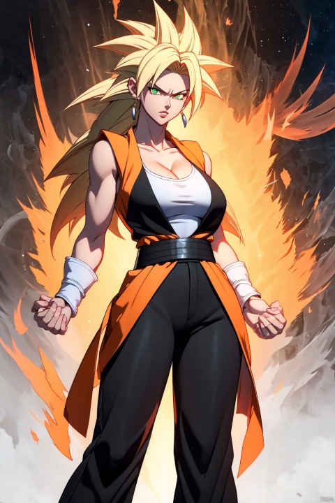  ((best quality)), masterpiece, ((ultra-detailed)), illustration, 8k wallpaper, ((extremely detailed CG unity 8k wallpaper)), (extremely detailed eyes and face), huge filesize, game cg,

blonde hair, super saiyan, spiked hair,glowing, aura, serious, clenched hands, glowing eyes,small sized breasts,The green eyes,cleavage,

Black long-sleeved, orange sleeveless jacket,black pants,white belt,pearl earrings,

looking at viewer, female focus, 1girl, solo,Perfect body proportions,

Ki Charge,songoku,