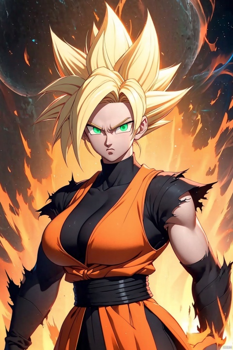 ((best quality)), masterpiece, ((ultra-detailed)), illustration, 8k wallpaper, ((extremely detailed CG unity 8k wallpaper)), (extremely detailed eyes and face), huge filesize, game cg,

blonde hair, super saiyan, spiked hair,glowing,torn clothes,  aura, serious, clenched hands, glowing eyes,Medium sized breasts,The green eyes,

Black long sleeve, orange sleeveless jacket,white belt,

looking at viewer, female focus, 1girl, solo,

Ki Charge,songoku,