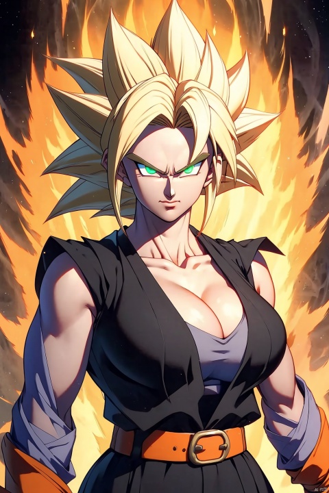 ((best quality)), masterpiece, ((ultra-detailed)), illustration, 8k wallpaper, ((extremely detailed CG unity 8k wallpaper)), (extremely detailed eyes and face), huge filesize, game cg,

blonde hair, super saiyan, spiked hair,glowing, aura, serious, clenched hands, glowing eyes,Medium sized breasts,The green eyes,cleavage,

Black long-sleeved top, orange sleeveless jacket,white belt,

looking at viewer, female focus, 1girl, solo,

Ki Charge,songoku,