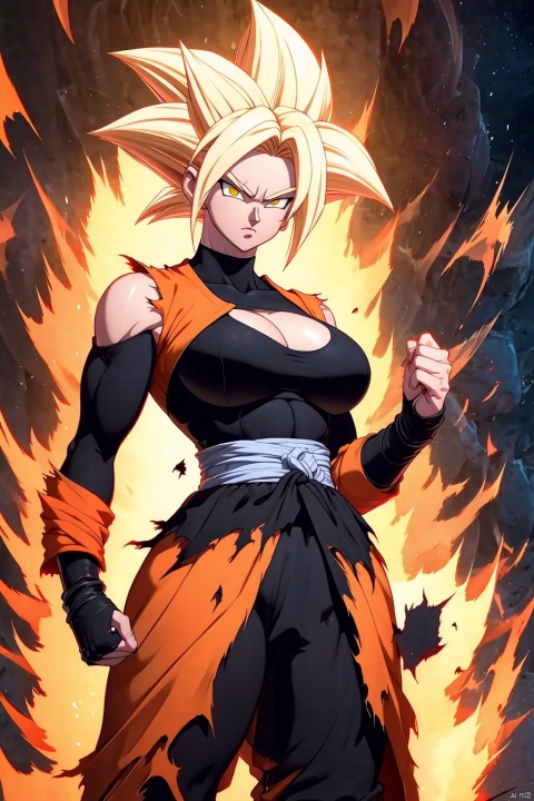 ((best quality)), masterpiece, ((ultra-detailed)), illustration, 8k wallpaper, ((extremely detailed CG unity 8k wallpaper)), (extremely detailed eyes and face), huge filesize, game cg, 

 blonde hair, super saiyan, spiked hair,glowing,torn clothes, abs, pants, aura, serious, clenched hands, glowing eyes,Medium sized breasts,

Black long-sleeved underwear, orange sleeveless jacket,

 looking at viewer, female focus, 1girl, solo,

 Ki Charge,songoku, 