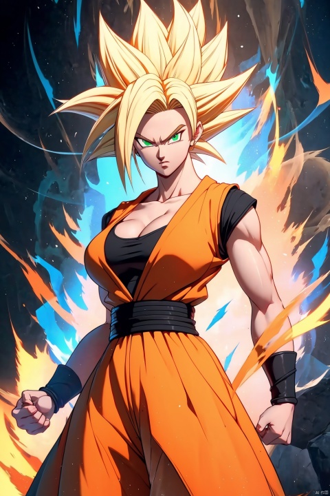 ((best quality)), masterpiece, ((ultra-detailed)), illustration, 8k wallpaper, ((extremely detailed CG unity 8k wallpaper)), (extremely detailed eyes and face), huge filesize, game cg,

blonde hair, super saiyan, spiked hair,glowing, aura, serious, clenched hands, glowing eyes,small sized breasts,The green eyes,cleavage,

Black long-sleeved top, orange sleeveless jacket,white belt,

looking at viewer, female focus, 1girl, solo,

Ki Charge,songoku,