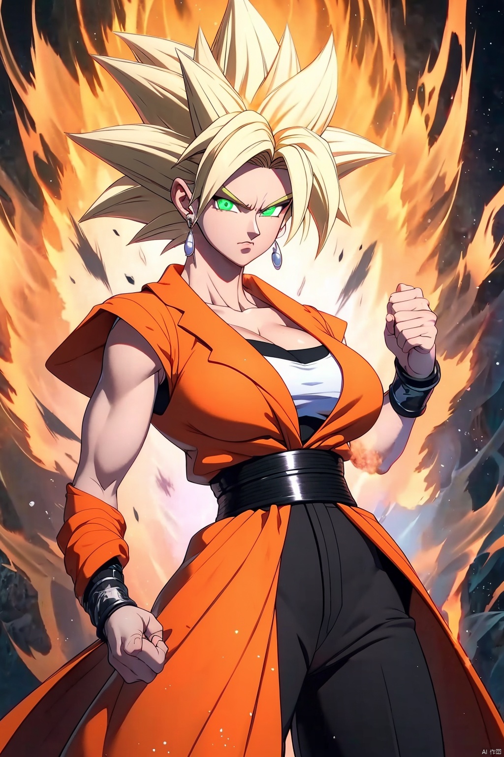  ((best quality)), masterpiece, ((ultra-detailed)), illustration, 8k wallpaper, ((extremely detailed CG unity 8k wallpaper)), (extremely detailed eyes and face), huge filesize, game cg,

blonde hair, super saiyan, spiked hair,glowing, aura, serious, clenched hands, glowing eyes,small sized breasts,The green eyes,cleavage,

Black long-sleeved top, orange sleeveless jacket,black pants,white belt,pearl earrings,

looking at viewer, female focus, 1girl, solo,

Ki Charge,songoku,