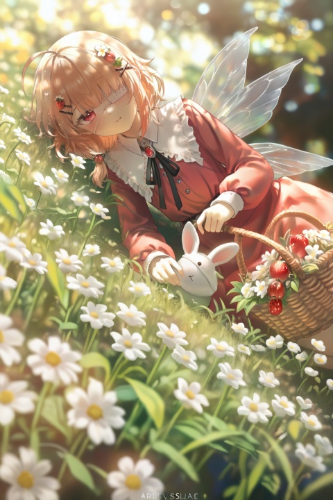 masterpiece,best quality,amazing quality,very aesthetic,absurdres,newest,highres,high-quality,

1girl,solo,petite,child,short hair,medium hair,blunt bangs,ahoge,sidelocks,hair ornament,hairclip,hair flower,red bow,black bow,strawberry hair ornament,food-themed hair ornament,x hair ornament,red gemstone,jewelry,brooch,

eyepatch,medical eyepatch,one eye covered,red eyes,pink eyes,looking at viewer,closed mouth,gentle smile,soft expression,blush,

red dress,collared dress,long sleeves,puffy sleeves,puffy long sleeves,sleeves past wrists,frills,neck ribbon,black ribbon,layered collar,on grass,lying,on side,outdoors,grass field,daytime,sunlight,dappled light,gentle shadow,

holding basket,wicker basket,white flower,flower,rabbit,ladybug,animal,wings,insect wings implied,food,grass texture,blurry foreground,blurry background,shallow depth of field,

cinematic_angle,dutch angle,low angle,soft focus edges,sunlight flare,warm tone,nature atmosphere,idyllic meadow vibe,storybook aesthetic,(umehara:0.6),(konya karasue:0.7),(artist:quasarcake:0.7),(wlop:0.5),

extreme aesthetic,masterpiece,best quality,newest,very aesthetic,absurdres,Visual impact,sharp focus,Emotionalization masterpiece,masterful details,delicate details,impactful picture,movie perspective