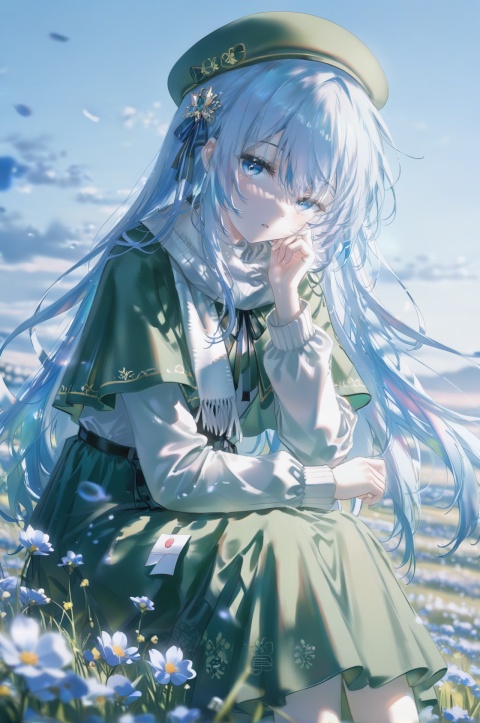 masterpiece, best quality, score_9, score_8, score_7, very aesthetic, amazing quality, absurdres, newest, highres, high-quality,

1girl, solo, hat, beret, long hair, very long hair, blue hair, floating hair, wind-blown hair, flower, blue flower, hair ornament, scarf, white scarf, bow, ribbon, long sleeves, dress, green skirt, sweater, capelet, blue eyes, bright blue eyes, looking at viewer, parted lips, blush, light blush, hand on own face, hand on own cheek, one hand touching cheek, other hand resting on lap, sitting, relaxed posture, slight head tilt, dynamic angle, three-quarter view, leaning forward slightly,

outdoors, field, flower field, sky, blue sky, cloud, floating hair, sitting on grass, letterboxed, watermark, (note: watermark retained as per request),

detailed face, delicate facial features, defined cheekbones, soft jawline, subtle facial shadows, smooth skin texture, detailed eye highlights, sparkling pupils, long eyelashes, subtle eye shadow, soft gaze, intricate iris details, fine eyelash details, eye reflections,

depth of field, cinematic lighting, volumetric light, rim lighting, backlight, soft glow, shallow depth of field, blurry background, high detail, sharp focus, refined character design, wind effect, flowing fabric,

(artist:quasarcake:0.8), (wlop:0.6),

extreme aesthetic, masterpiece, best quality, newest, very aesthetic, absurdres, Visual impact, sharp focus, Emotionalization masterpiece, masterful details, delicate details, impactful picture, movie perspective