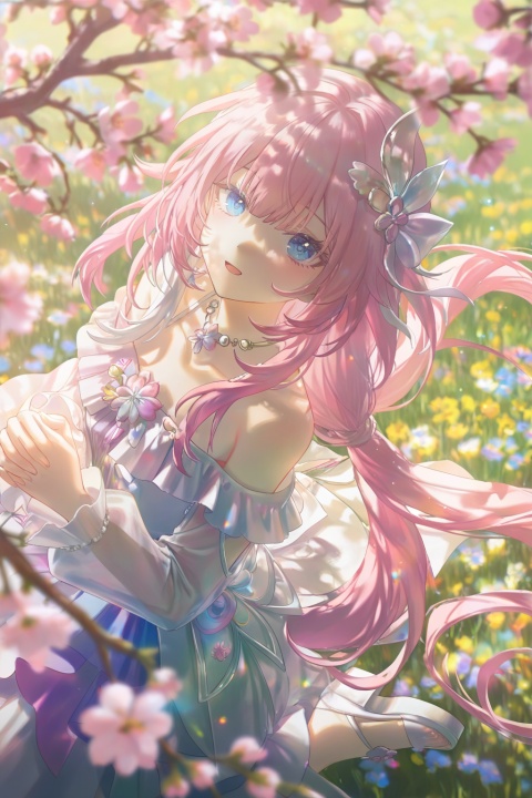 masterpiece,best quality,amazing quality,very aesthetic,absurdres,newest,highres,high-quality,

Cyrene_(honkai:star_rail),1girl,solo,pink hair,long hair,very long hair,bangs,sidelocks,blue eyes,bright blue eyes,looking at viewer,slightly open mouth,soft expression,gentle smile,

Cyrene def purple and white dress,purple and white layered dress,frills implied,long sleeves,bare shoulders,off-shoulder,collarbone,sandals,open-toe sandals,strappy sandals,hair ornament,floral hair accent,

both hands holding a peach blossom,holding peach blossom,branch with blossoms,flowers in hand,hands clasped around flower stem,nature motif,

cowboy shot,close-up,face focus,eyes focus,upper body,from side,dynamic angle,from above,looking up,slightly elevated perspective,wariza pose,sitting on heels,leaning forward,

meadow,spring morning,open field,grass,wildflowers,soft daylight,warm morning sun,backlight,rim lighting,god rays,volumetric light,depth of field,blurry foreground,blurry background,lens flare,light particles,cinematic lighting,soft glow,colorful,splash of color,

ethereal spring vibe,poetic atmosphere,renewal theme,refined elegance,(yuedong:0.8),(yoneyama_mai:0.7),(quasarcake:0.8),(warp:0.6),(wanke:0.5),(rella:0.5),面部face focus, detailed face, delicate face, exquisite facial features, beautiful detailed eyes, detailed eyelashes, intricate eye details,

extreme aesthetic,masterpiece,best quality,newest,very aesthetic,absurdres,Visual impact,sharp focus,Emotionalization masterpiece,masterful details,delicate details,impactful picture,movie perspective