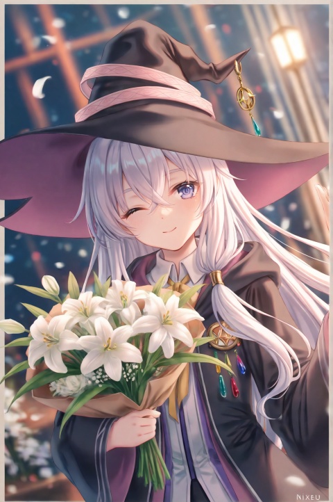 masterpiece,absurdres,best quality,loli,petite,high quality,chromatic_aberration,cinematic_angle,dutch angle,
//,
1girl, witch hat, hat, bouquet, solo, black robe, holding bouquet, one eye closed, long hair, flower, holding, elaina (majo no tabitabi), robe, black headwear, witch, lily (flower), white flower, wide sleeves, long sleeves, looking at viewer, smile, upper body, blue eyes, white hair, hair between eyes, closed mouth, white lily, open robe, holding flower, crossed bangs, hooded robe, border, purple eyes, ;)
//,
gawako,atdan,machi_(machi0910),torino_aqua,izumi_tsubasu,[as109],ke-ta,sho_(sho_lwlw),rhasta,tidsean,chiaroscuro,wlop,toosaka_asagi,nixeu,[chen_bin],jima,
//,