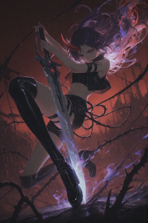 masterpiece, best quality, amazing quality, absurdres, newest, very aesthetic, highres, high-quality, chromatic_aberration, shiny_skin, //,

1girl, solo, mid-air pose, dynamic pose, leaping, floating, //,

long hair, flowing hair, dark purple hair, purple hair, //,

single horn, forehead horn, glowing red horn, red horn, //,

determined expression, fierce look, looking at viewer, //,

white and black outfit, cropped vest, shorts, thigh-high boots, black boots, //,

wielding sword, massive sword, curved sword, large sword, vertical grip, holding sword with both hands, //,

white blade, flame motifs, purple flames, intricate flame patterns, glowing blade, //,

apocalyptic landscape, turbulent environment, deep red sky, black ground, red and black atmosphere, //,

skeletal structures, bones, jagged thorns, thorny vines, tattered banners, torn flags, //,

dramatic lighting, sharp lighting, rim lighting, metallic sheen, weapon shine, swirling crimson atmosphere, //,

dark power mood, intense conflict, vibrant colors, sharp lines, digital art, //,

depth of field, cinematic lighting, volumetric light, high contrast, 32K UHD, sharp focus, high-end texture, //,

(artist:quasarcake:0.6), (wlop:0.5), (hiten:0.4), (rella:0.4), (rurudo:0.4), //,

extreme aesthetic, Emotionalization masterpiece, masterful details, Visual impact:1.3, movie perspective, official art, dynamic force picture, impactful picture

