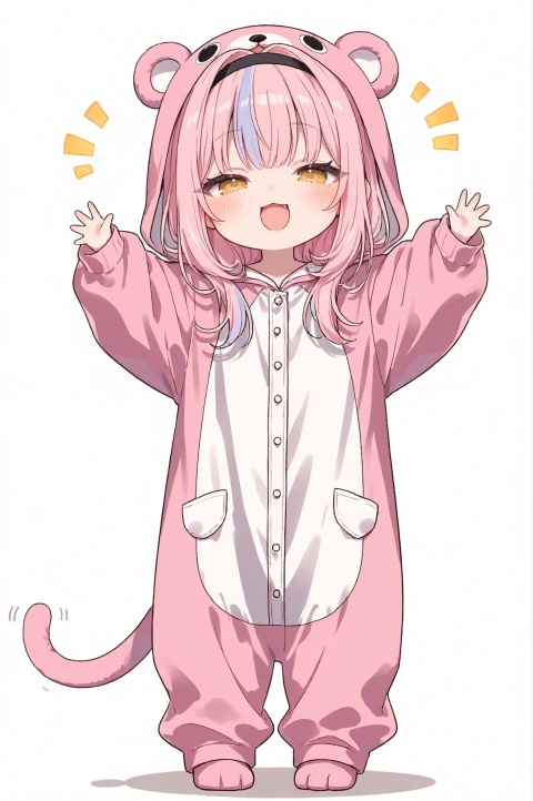 masterpiece, best quality, score_7, very aesthetic //1girl,solo,chibi,animal costume,long hair,simple background,white background,pink hair,open mouth,full body,smile,yellow eyes,notice lines,looking at viewer,hairband,bangs,standing,kigurumi,black hairband,:d,multicolored hair, half-closed eyes, +++++ ,//, @kedama milk,@ao3