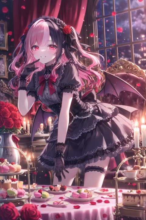 An anime-style girl with pale pink hair and glowing red eyes leans forward with a playful,  mischievous grin. She is dressed in an ornate dark gothic dress featuring intricate ruffles and delicate black lace gloves,  her hair styled with a rose-adorned ribbon. The scene is set in a dimly lit,  atmospheric room cast in a deep red and magenta glow by candlelight. Behind her,  a golden tea cart holds a formal tea set,  while a table to the right overflows with various sweets,  including a sliced chocolate cake topped with strawberries and a heart-shaped box of macarons. Large bouquets of roses and scattered petals further decorate the space. Sharp highlights and deep shadows from the tall candles enhance the gothic aesthetic and mysterious mood of this digital illustration.