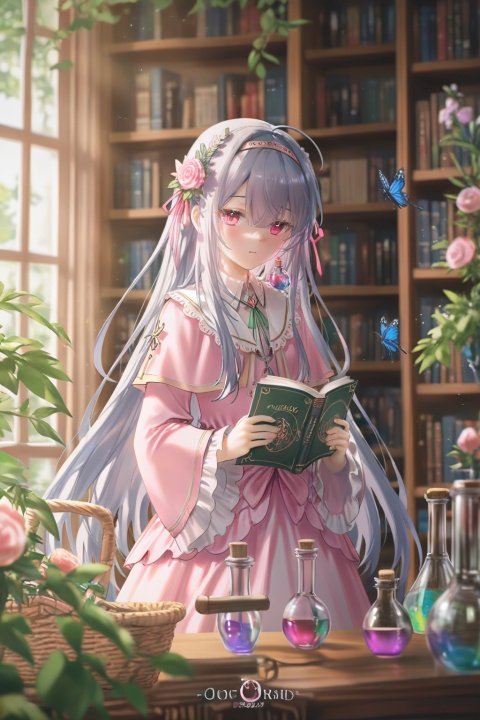 masterpiece,best quality,amazing quality,very aesthetic,absurdres,newest,highres,high-quality,

1girl,solo,loli,(toosaka asagi:0.4),grey hair,long hair,very long hair,straight hair,hair between eyes,bangs,sidelocks,hair ornament,hair flower,hair ribbon,ribbon,hairband,

pink eyes,red eyes,heterochromia implied,looking at viewer,closed mouth,gentle smile,soft expression,

dress,pink dress,frilled dress,frills,long sleeves,frilled sleeves,wide sleeves,capelet,layered shoulder piece,collared neckline,

book,open book,holding book,one hand on book,potion,flask,glass flask,colored liquid,holding flask,crystal,translucent crystal,flower,rose,pink rose,holding flower,bug,butterfly,butterfly perched,bird,small bird,

indoors,library,bookshelf,shelf,wooden shelf,window,natural daylight,soft window light,diffused glow,warm ambient tone,blurry background,depth of field,shallow focus,

basket,wicker basket,on shelf or table,plant,potted plant,green leaves,study corner aesthetic,cozy atmosphere,whimsical apothecary vibe,(artist:quasarcake:0.8),(wlop:0.5),(atdan:0.4),

extreme aesthetic,masterpiece,best quality,newest,very aesthetic,absurdres,Visual impact,sharp focus,Emotionalization masterpiece,masterful details,delicate details,impactful picture,movie perspective