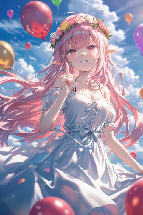 masterpiece,best quality,amazing quality,very aesthetic,absurdres,newest,highres,high-quality,

1girl,solo,petite,elf,pointy ears,pink hair,long hair,very long hair,bangs,sidelocks,pink eyes,bright pink eyes,looking at viewer,smile,grin,teeth showing,open mouth,playful expression,light blush,medium breasts,cleavage,collarbone,bare shoulders,

dress,flowing dress,short sleeves,puffy short sleeves,ribbon or bow,hair ornament,accessory,

index finger raised,one finger up,pointing up,hand gesture,balloon,holding balloon,single balloon,floating balloon,colorful balloon,

sky,clouds,cloudy sky,day,bright daylight,outdoors,blue sky,soft clouds,floating hair,wind effect,

upper body,cowboy shot,look up,upward gaze,head wreath,floral crown,depth of field,detailed light,blurry background,shallow depth of field,cinematic lighting,volumetric lighting,god rays,backlighting,rim lighting,ray tracing,film grain,chromatic aberration,shiny skin,

official art,ultra detailed,photorealistic,refined character design,colorful,(chen_bin:0.8),(torino_aqua:0.7),(rhasta:0.7),(wlop:0.6),(ke-ta:0.6),(hiten_(hitenkei):0.6),(toosaka_asagi:0.4),

extreme aesthetic,masterpiece,best quality,newest,very aesthetic,absurdres,Visual impact,sharp focus,Emotionalization masterpiece,masterful details,delicate details,impactful picture,movie perspective