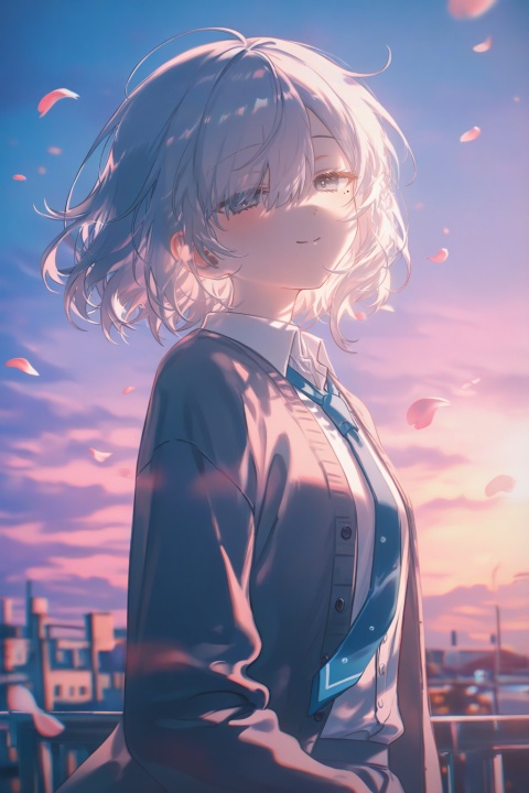 masterpiece,best quality,amazing quality,very aesthetic,absurdres,newest,highres,high-quality,

1girl,solo,loli,petite,silver hair,short hair,curly hair,messy hair,bangs,hair over one eye,hair between eyes,sidelocks,grey eyes,soft grey eyes,looking at viewer,half closed eyes,closed eyes implied,blush,joyful smile,closed mouth,cheerful expression,mole under eye,big breasts,medium-large bust,

school uniform,collared shirt,necktie,blue necktie,long sleeves,loose cardigan,cardigan draped,open cardigan,layered top,pastel colors,soft pastel palette,upper body,cowboy shot,

dusk,sunset,gradient sky,blue and orange sky,purple sky,night,evening twilight,cherry blossoms,sakura petals,floating petals,spring evening,scenery,outdoors,urban or park edge,from side,side view,dynamic angle,wide shot,expansive view,cinematic angle,dutch angle,dramatic perspective,

lens flare,chromatic aberration,cinematic lighting,volumetric light,backlight,rim lighting,soft glow,blurry background,shallow depth of field,photo background,atmospheric haze,

dreamy twilight vibe,nostalgic spring,poetic evening,gentle melancholy,(umehara:0.7),(konya_karasue:0.6),(quasarcake:0.6),(wanke:0.5),

extreme aesthetic,masterpiece,best quality,newest,very aesthetic,absurdres,Visual impact,sharp focus,Emotionalization masterpiece,masterful details,delicate details,impactful picture,movie perspective