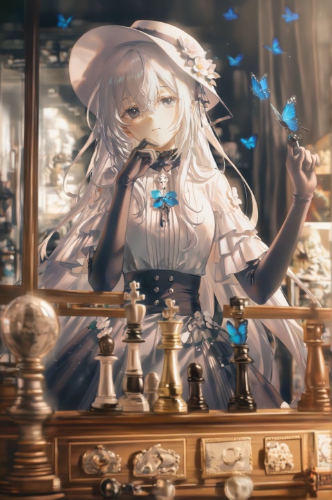 masterpiece,best quality,amazing quality,very aesthetic,absurdres,newest,highres,high-quality,

1girl,solo,mengmu,nikaido_hiro,sakuraba_ema,tsukishiro_yuki,white hair,very long hair,bangs,sidelocks,hair between eyes,grey eyes,soft grey gaze,looking at viewer,closed mouth,gentle smile,calm expression,

black gloves,elbow length gloves,frilled sleeves,puffy frilled sleeves,long sleeves,layered fabric,white hat,wide brim hat,hat flower,white flower,flower accent on hat,chess piece,holding chess piece,one hand holding piece,other hand on own face,hand on own cheek,hand up near chin,thoughtful pose,

blue butterfly,realistic butterfly,wings spread,butterfly perched on finger,insect motif,frame,insect frame,picture frame,wooden frame,display case,mounted specimen,

curtains,draped velvet curtain,indoor setting,ornate room,antique decor,soft window light,diffused daylight,rim lighting,warm tone,soft shadow,blurry background,shallow depth of field,

elegant atmosphere,vintage aesthetic,museum core,curiosity cabinet aesthetic,refined mood,quiet intensity,(artist:quasarcake:0.8),(wlop:0.5),(atdan:0.4),

extreme aesthetic,masterpiece,best quality,newest,very aesthetic,absurdres,Visual impact,sharp focus,Emotionalization masterpiece,masterful details,delicate details,impactful picture,movie perspective