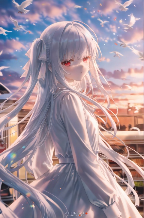 1girl,long hair,solo,dress,sunset,upper body,face close-up,ribbon,twintails,sky,hair ribbon,cloud,white hair,red eyes,artist name,looking at viewer,from behind,white dress,train,looking back,standing,long sleeves,very long hair,bird,bow,bangs,hair bow, //,depth of field,(artist:quasarcake:0.8),extreme aesthetic,(wlop:0.6),wanke,rella,masterpiece,best quality,newest,very aesthetic,absurdres,best quality,masterpiece,(Visual impact:1.2),impactful picture,splash of color,movie perspective,masterpiece,best quality,amazing quality,very aesthetic,absurdres,best quality,(artist:quasarcake:0.8),very aesthetic,masterpiece,Emotionalization masterpiece,unconventional supreme,masterful details,