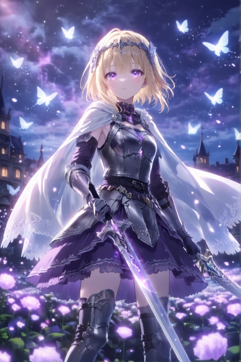 A young female warrior with short blonde hair and purple eyes stands centrally in this anime-style illustration. She is clad in polished silver plate armor,  featuring an intricate headpiece and gauntlets,  layered over a dark purple dress. She holds a tall silver polearm in her right hand,  while a dark-scabbarded sword rests at her side near her left hand. Radiant white butterflies flutter around her,  gathering near her hands and the center of the frame. The background is a bright,  ethereal expanse where white birds fly through a hazy sky,  creating high-key lighting that reflects off the metallic armor surfaces. A light,  translucent white cape flows behind her shoulders. The overall mood is solemn and mystical,  defined by a color palette of silver,  deep purple,  and luminous white against a soft,  glowing landscape.