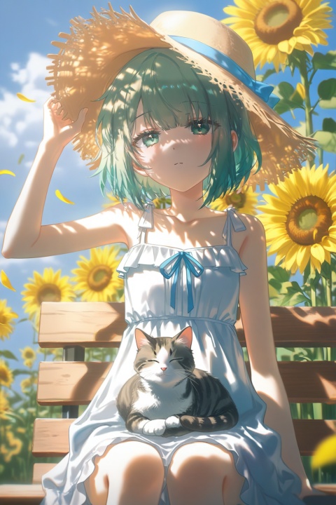 masterpiece,best quality,amazing quality,very aesthetic,absurdres,newest,highres,high-quality,

1girl,solo,petite,short-haired girl,mint-green bob hair,short hair,bob cut,bangs,sidelocks,wide pale lime-green eyes,bright green eyes,small parted curious mouth,parted lips,slight smile,looking at viewer,light blush,wide woven straw sun hat,straw hat,sun hat,light blue ribbon,hat ribbon,tilted hat,

loose white ruffled spaghetti-strap sundress,white sundress,ruffled dress,spaghetti straps,frills,frilled hem,loose dress,spread across thighs,catsleepy cream tabby cat,sleeping cat,cat on lap,tabby cat,cream cat,cat curled on dress,

sitting relaxed,weathered white wooden bench,wooden bench,sitting,resting hand on hat brim,hand on hat,other hand at side,outdoors,sunflower field,large sunflower field,flowers,blooming sunflowers,clear vivid blue sky,blue sky,clouds,drifting white clouds,daylight,summer,bright sunlight,

medium close-up framing,centered composition,upper body,cowboy shot,knees visible,soft diffused glow shading,thin smooth clean linework,bright fresh pastel color palette,warm yellow floral tones,cool sky blues,soft watercolor-like digital brush rendering,floating pale petal accents,gentle quiet warmth,tranquil carefree summery rural pastoral atmosphere,

depth of field,cinematic lighting,volumetric light,rim lighting,backlight,soft glow,shallow depth of field,blurry background,high detail,sharp focus,refined character design,(quasarcake:0.8),(wlop:0.6),

extreme aesthetic,masterpiece,best quality,newest,very aesthetic,absurdres,Visual impact,sharp focus,Emotionalization masterpiece,masterful details,delicate details,impactful picture,movie perspective