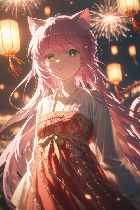 masterpiece,best quality,amazing quality,very aesthetic,absurdres,newest,highres,high-quality,

1girl,solo,pink hair,long hair,very long hair,bangs,sidelocks,green eyes,bright green eyes,looking at viewer,closed mouth,gentle smile,light blush,collarbone,bare shoulders,cat ears,cat tail,animal ears,animal tail,

Chinese style,red clothes,red dress,traditional Chinese clothing,hanfu or qipao style,Spring Festival,Chinese New Year,new year festive,red and gold theme,ornate embroidery,dragon motif,dragon and girl,dragon companion,dragon imagery,fantastic scenery,

fantastical landscape,mythical atmosphere,glowing lanterns,floating sparks,fireworks in sky,night sky,celebration mood,reflection light,shimmering surfaces,rim lighting,backlight,volumetric light,cinematic lighting,depth of field,blurry background,sharp focus,ultra detailed,high detail,shiny skin,chromatic aberration,

illustration,refined anime style,festive elegance,dynamic composition,(dionadef:0.8),

extreme aesthetic,masterpiece,best quality,newest,very aesthetic,absurdres,Visual impact,sharp focus,Emotionalization masterpiece,masterful details,delicate details,impactful picture,movie perspective