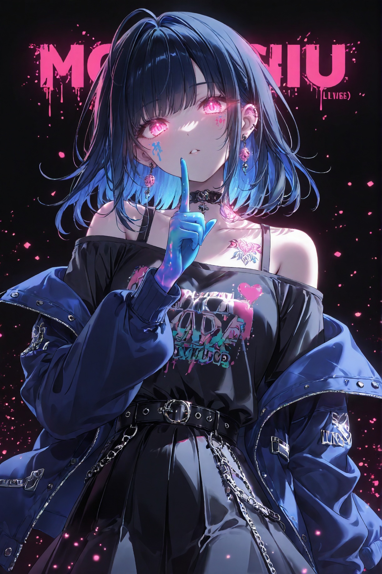 1girl solo looking at viewer bangs skirt shirt black hair bare shoulders jewelry blue hair jacket multicolored hair earrin...