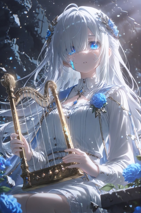 (artist:aoki ume:1.2),(artist:quasarcake:0.6),extreme aesthetic,masterpiece,best quality,backlight,high quality,(Tyndall Effect 1.4),extremely detailed,High Detail,vibrant colors,anime style,cover art,(wanke:0.8),(watercolor \(tira 7:0.8),(lam (ramdayo):0.8),(mochizuki kei:0.8),extreme aesthetic,masterpiece,best quality,good quality,newest,very aesthetic,absurdres,Visual impact,32K UHD,colorful,sharp focus ,

1girl, solo, long hair, looking at viewer, blue eyes, hair ornament, dress, holding, jewelry, flower, white hair, frills, parted lips, cape, white dress,, rose,, instrument, blue flower, head wreath, playing instrument, holding instrument, harp, hair over eye,cracked screen centered around the eyes, cracked lens centered around the eyes, splatted glass fragments centered around the eyes, volumetric light and shadow, light particles, light rays, shadow, cinematic lighting, backlighting, glowing eye, solo, portrait, cold face, expressionless ruins, volumetric light and shadow, best light and shadow, {cinematic lighting,cracked face,crack,broken face