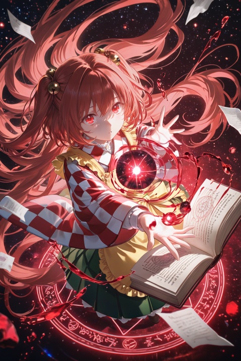 masterpiece,best quality,amazing quality,very awa,absurdres,newest,very aesthetic,highres,high-quality,((dynamic angle )),
solo,motoori kosuzu,red hair,absurdly long hair,floating hair,messy hair,alternate hairstyle,
upper body,from above,foreshortening,
arms open,beckoning,looking at viewer,
floating clothes,open grimoire,flying paper,
broken world,magic circle,dark matter,aura,distortion,transparent skin,made of line,lineart,magic books,
high contrast,distinct aura,surreal,blending,red theme,
cosmic atmosphere,galaxy dust,ethereal glow,edge light,
depth of field,detailed light,best shadow,ray tracing,
very aesthetic,extreme aesthetic,absurdres,amazing quality,
(visual impact:1.2),dynamic composition,movie perspective,emotionalization masterpiece,masterful details,high-end texture,
(cosmic_(crownclowncosmic)),(aspara),(natsume_(menthol)),(syokuuuuuuuuumura:0.7),(komiya_kuniharu:0.8)