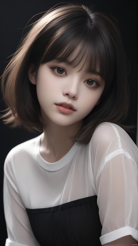 1girl, solo, looking at viewer, bangs, brown hair, shirt, black hair, upper body, parted lips, teeth, black eyes, lips, black nets shirt, black background, hand on own face, head rest, realistic, nose, dark background