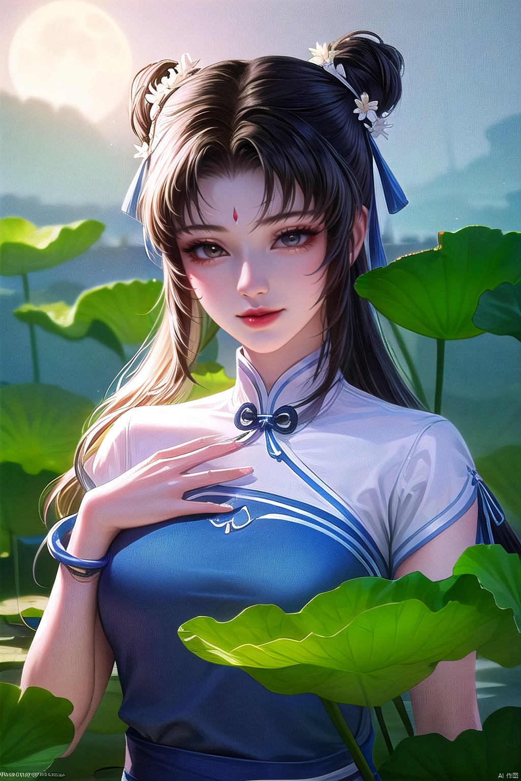  yuanshen, 1girl, lotus, water, lily pad, solo, moon, upper body, dress, jewelry, bracelet, hair bun, black hair, chinese clothes, double bun, flower, blue dress, long hair, night, brown hair, ribbon, partially submerged, nice hands, perfect balance, looking at viewer, closed mouth, (Light_Smile:0.3), official art, extremely detailed CG unity 8k wallpaper, perfect lighting, Colorful, Bright_Front_face_Lighting, White skin, (masterpiece:1), (best_quality:1), ultra high res, 4K, ultra-detailed, photography, 8K, HDR, highres, absurdres:1.2, Kodak portra 400, film grain, blurry background, bokeh:1.2, lens flare, (vibrant_color:1.2), professional photograph, (narrow_waist),