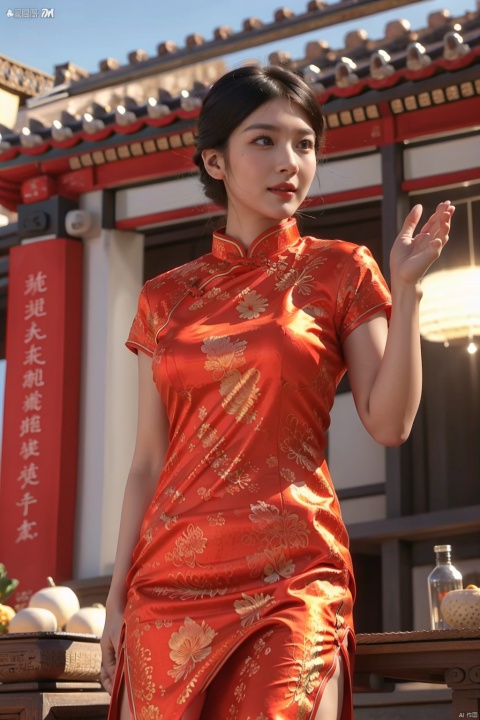  (global illumination, reality,ray tracing, HDR, unreal rendering, reasonable design, high detail, masterpiece,best quality, ultra high definition, movie lighting),
1girl,outdoor,looking_at_viewer,side_blunt_bangs,china_dress,chinese_style,big breasts,pose,solo,1girl,black hair,black eyes, cheongsam,spring festival