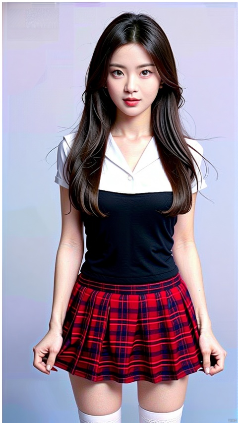  clothes_lift, skirt, skirt_lift, pussy, lifted_by_self, plaid_skirt, Female pubic hair, solo, thighhighs, pussy, 1girl, long_hair, realistic,Checkered skirt, blurry_background, looking_at_viewer, white_legwear, skirt_hold, sailor suit, chaoyue