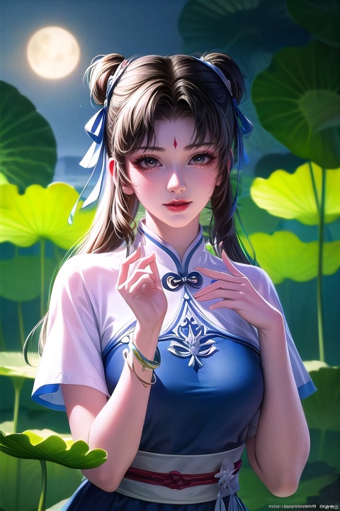 yuanshen, 1girl, lotus, water, lily pad, solo, moon, upper body, dress, jewelry, bracelet, hair bun, black hair, chinese clothes, double bun, flower, blue dress, long hair, night, brown hair, ribbon, partially submerged, nice hands, perfect balance, looking at viewer, closed mouth, (Light_Smile:0.3), official art, extremely detailed CG unity 8k wallpaper, perfect lighting, Colorful, Bright_Front_face_Lighting, White skin, (masterpiece:1), (best_quality:1), ultra high res, 4K, ultra-detailed, photography, 8K, HDR, highres, absurdres:1.2, Kodak portra 400, film grain, blurry background, bokeh:1.2, lens flare, (vibrant_color:1.2), professional photograph, (narrow_waist),