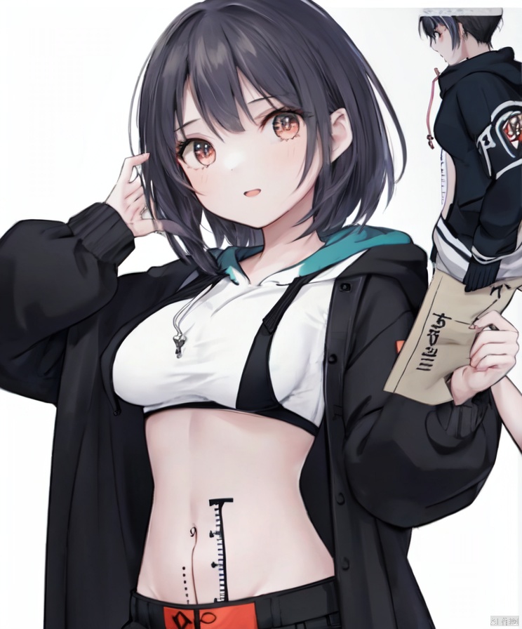  1girl, ,navel,ruler_tattoo,hoodie, navel