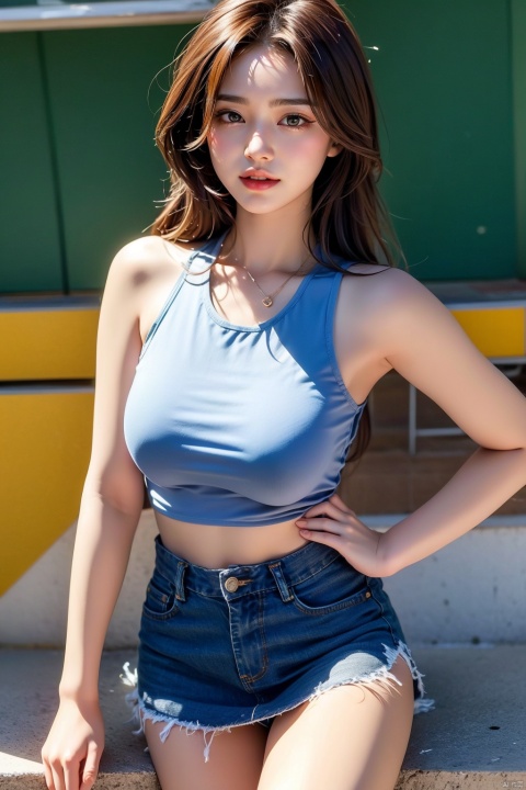  1girl, solo, breasts, looking at viewer, smile, brown hair, black hair, navel, bare shoulders, brown eyes, jewelry, closed mouth, standing, collarbone, cowboy shot, midriff, pants, lips, shadow, tank top, denim, jeans, realistic, arms at sides, 1girl,short skirt, （\personality\）, 1 girl,moyou