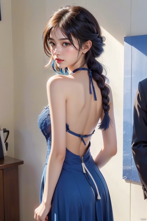 1 girl, blue hair, blue double braids, blue eyes (like sapphire), formal dress, semi backless, neckband, skirt, newspaper wall background,Facing the audience directly,The upper part of the back is exposed,