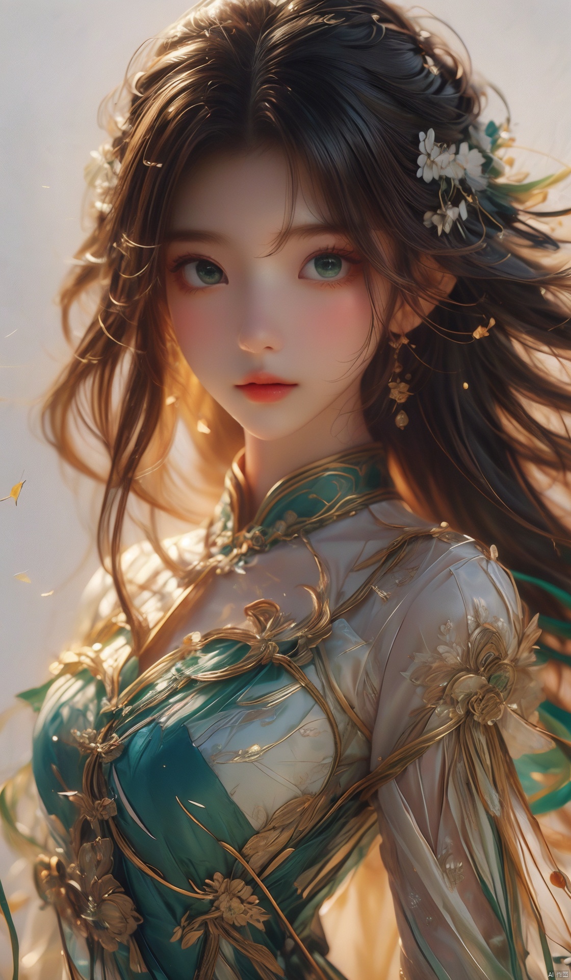 masterpiece, best quality, ultra high res, (extreme detailed), (1 beautiful girl), (abstract art:1.4),bleeding green, visually stunning, beautiful, evocative, emotional, ((white background)), blue theme, Light master, jiqing, qingyi, (\shen ming shao nv\)