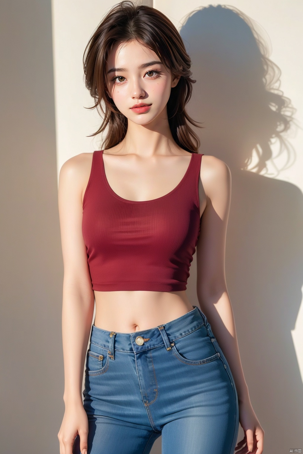  1girl, solo, breasts, looking at viewer, smile, brown hair, black hair, navel, bare shoulders, brown eyes, jewelry, closed mouth, standing, collarbone, cowboy shot, midriff, pants, lips, shadow, **** top, denim, jeans, realistic, arms at sides, 1girl,short skirt, （\personality\）, 1 girl,moyou