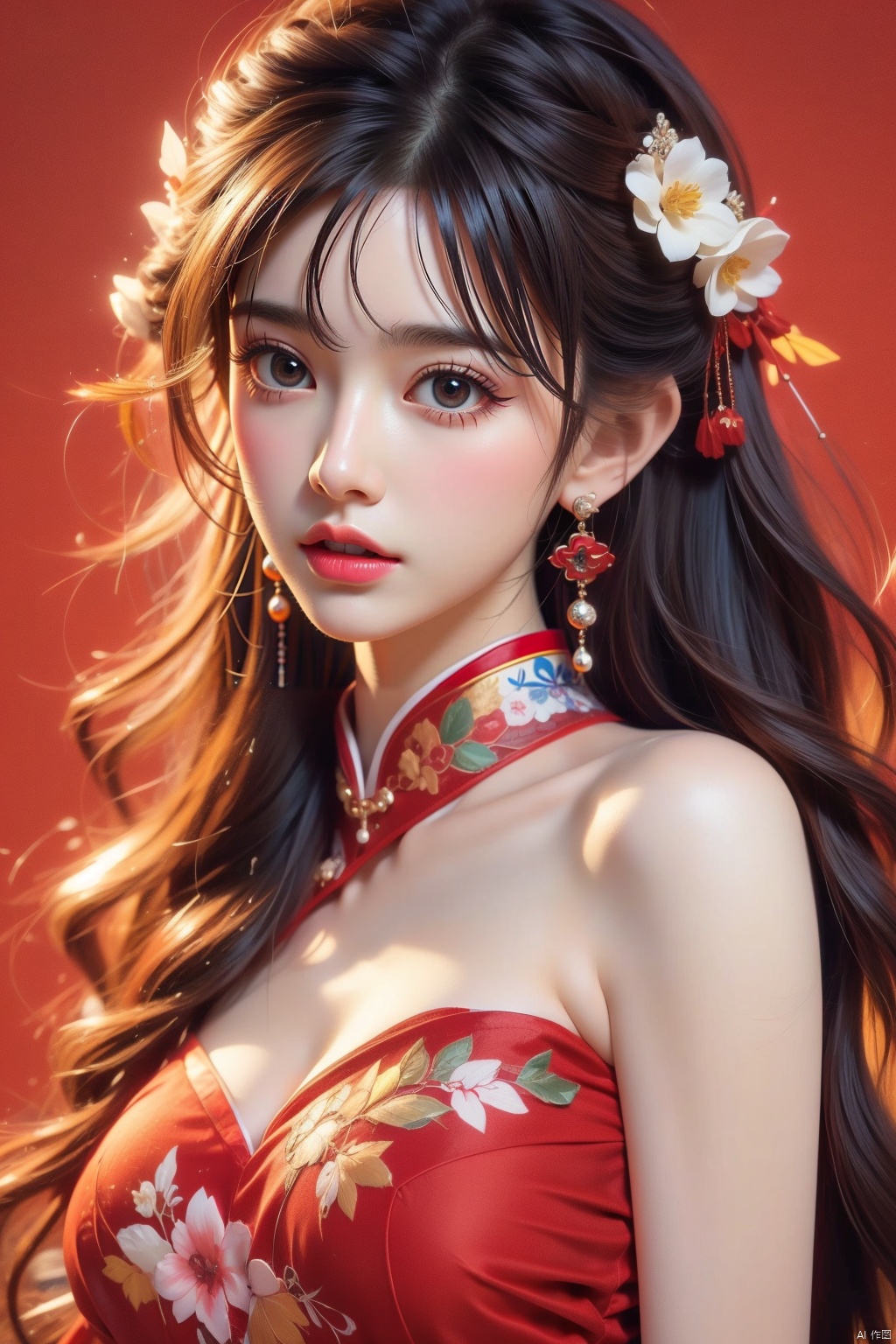 1girl, solo, long hair, black hair, hair accessories, jewelry, closed mouth, upper body, flowers, earrings, blur, side, eyelashes, side, makeup, red background, Chinese costume, red flowers, fringe, branch, red lips, fringe earrings, fruit grain, no hand, very beautiful, masterpiece, best quality, super detail, animation style, key vision