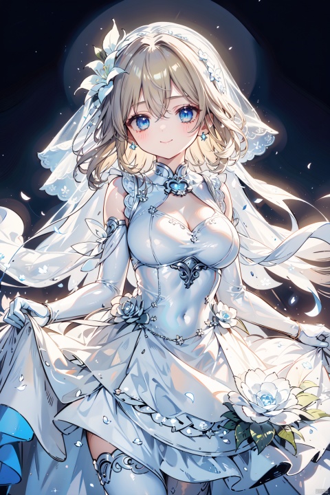  1girl, breasts, dress, long hair, gloves, solo, blue eyes, blonde hair, elbow gloves, large breasts, white dress, flower, looking at viewer, covered nipples, white gloves, smile, wedding dress, bangs, collarbone, hair ornament, bare shoulders, see-through, hair flower, dress lift, clothes lift, sleeveless, cleavage, skirt hold, white background, bridal veil, simple background, closed mouth, sleeveless dress, cover, jiqing, (\MBTI\), maolilan